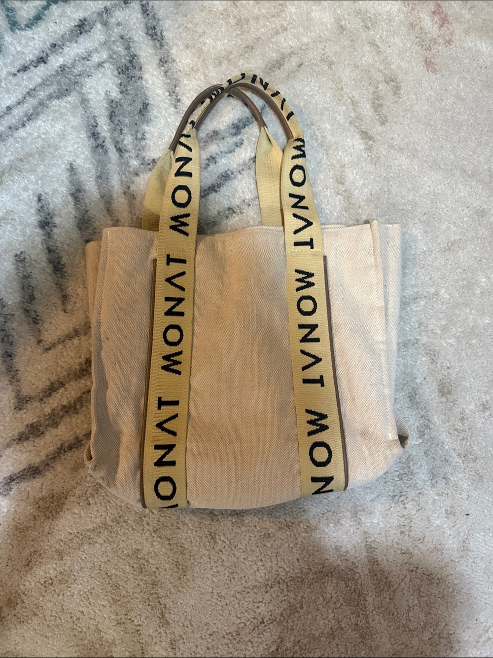 MONAT Beige Canvas Tote Bag with logo Branded Straps.